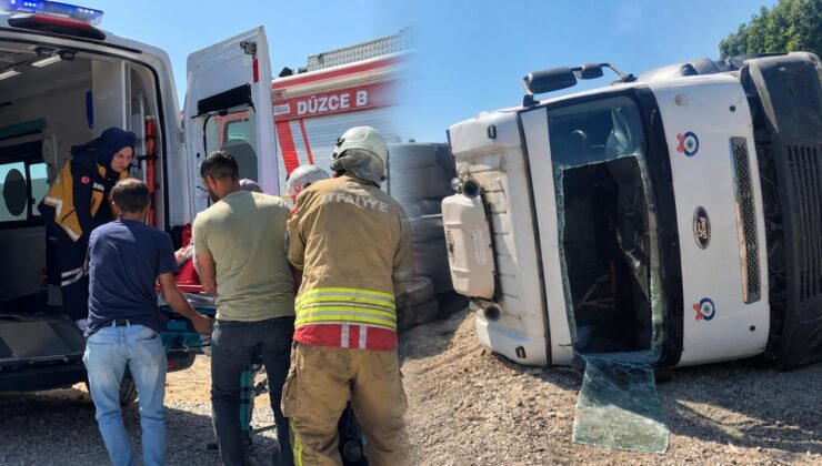 Düzce’de Hafriyat Kamyonu Devrildi: Sürücü Kabinde Sıkıştı